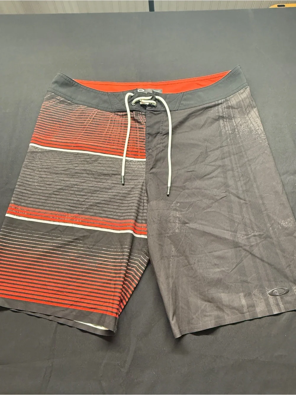 Oakley Gray & Red Striped Swim Board Shorts